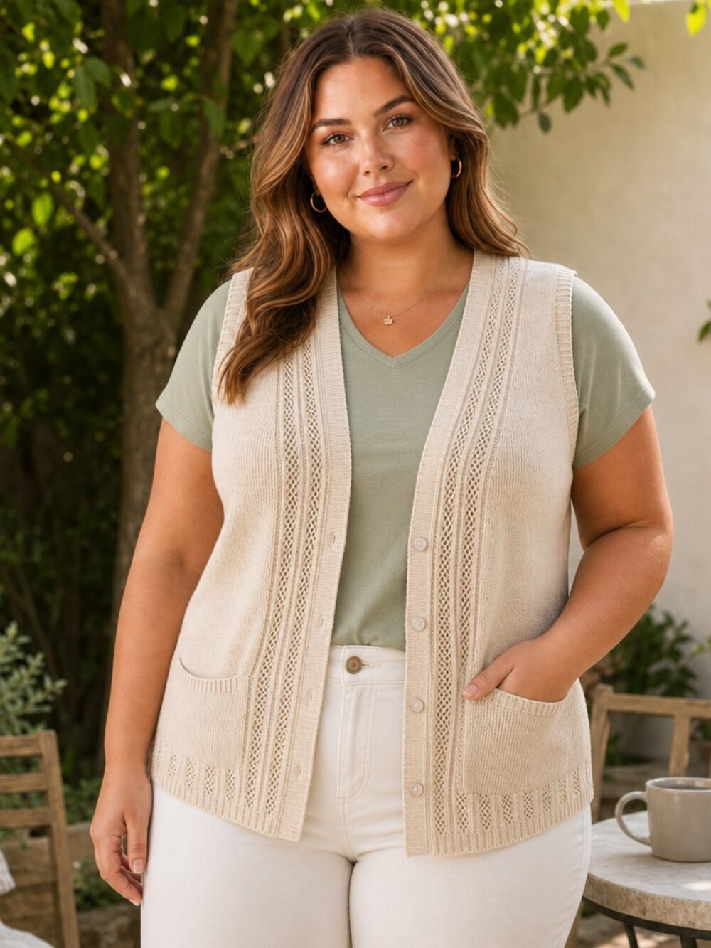 National Since 1952 Cream Knit Cardigan Vest – Size Large – Like New